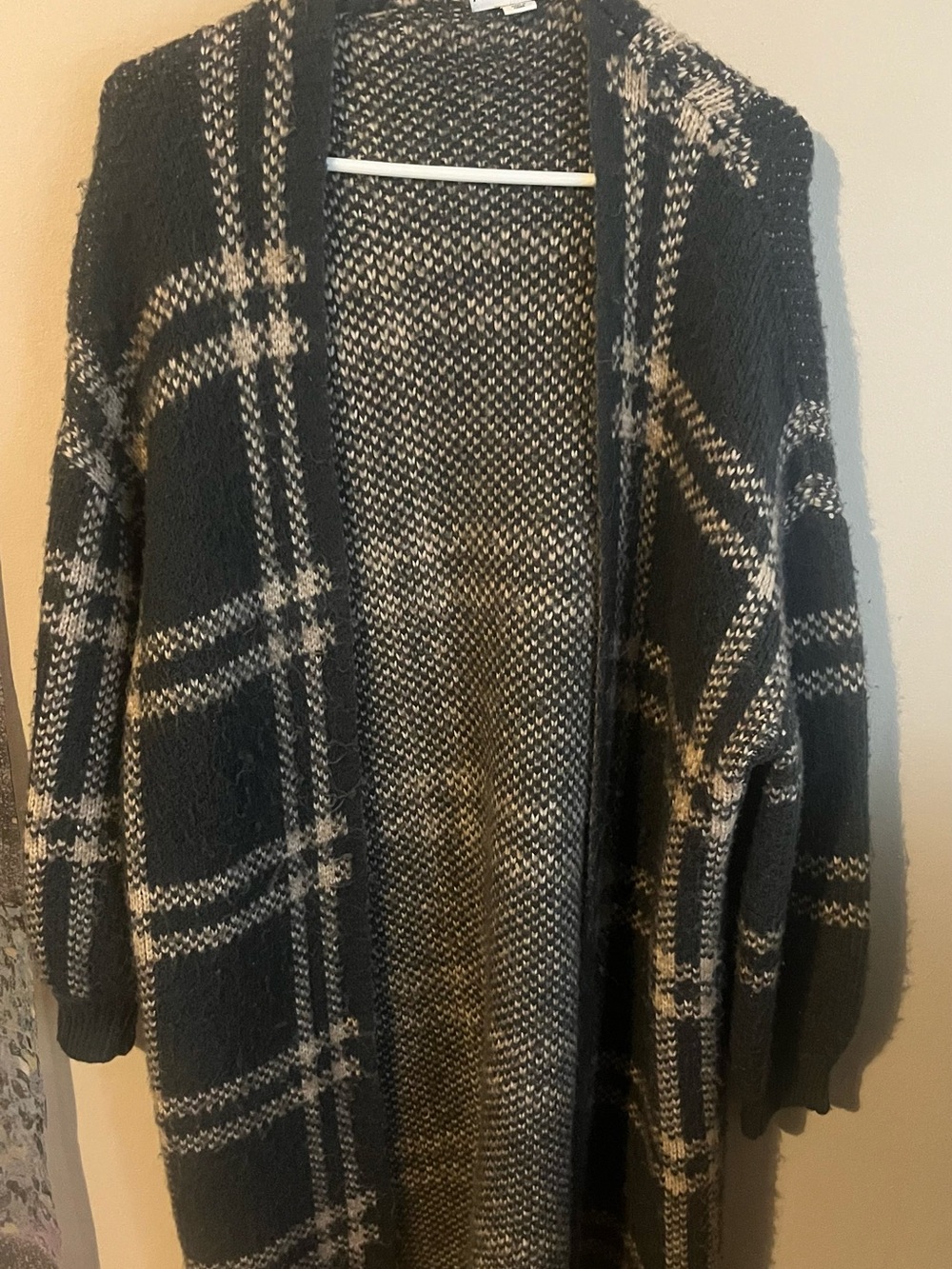 Ava & Viv Dark Green and Cream Plaid Open-Front Longline Cardigan